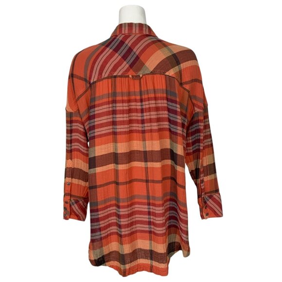 Free People Year Round Buttondown Shirt XS Orange Plaid Oversized Fall Fashion - Picture 2 of 14